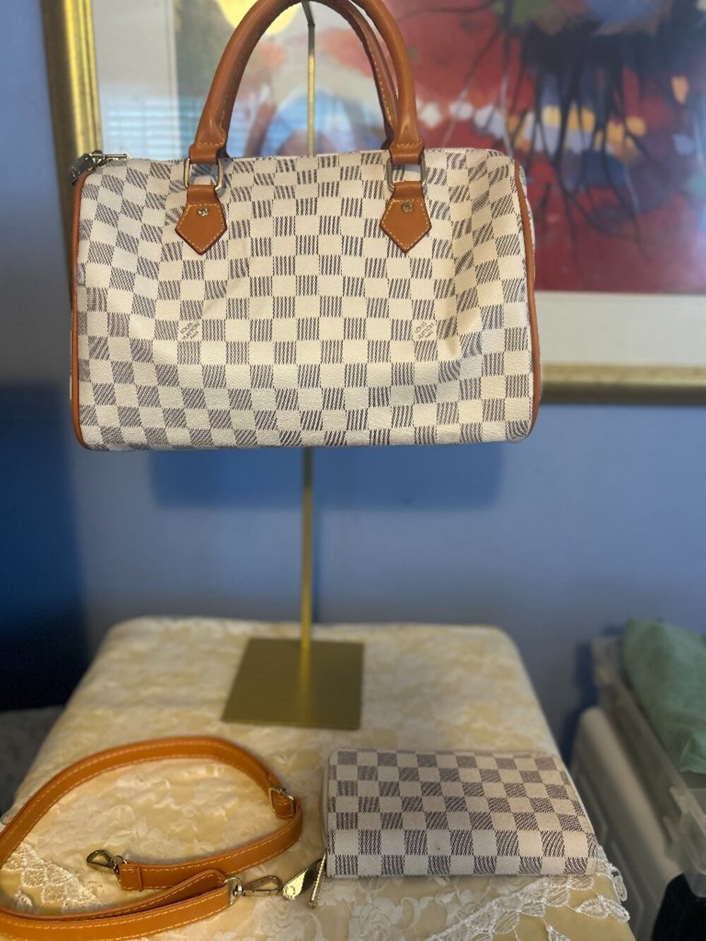 Designer Inspired Cream and Gray Checked Satchel with match zip around wallet